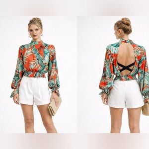 GRACIA open back tropical oranges and green top
